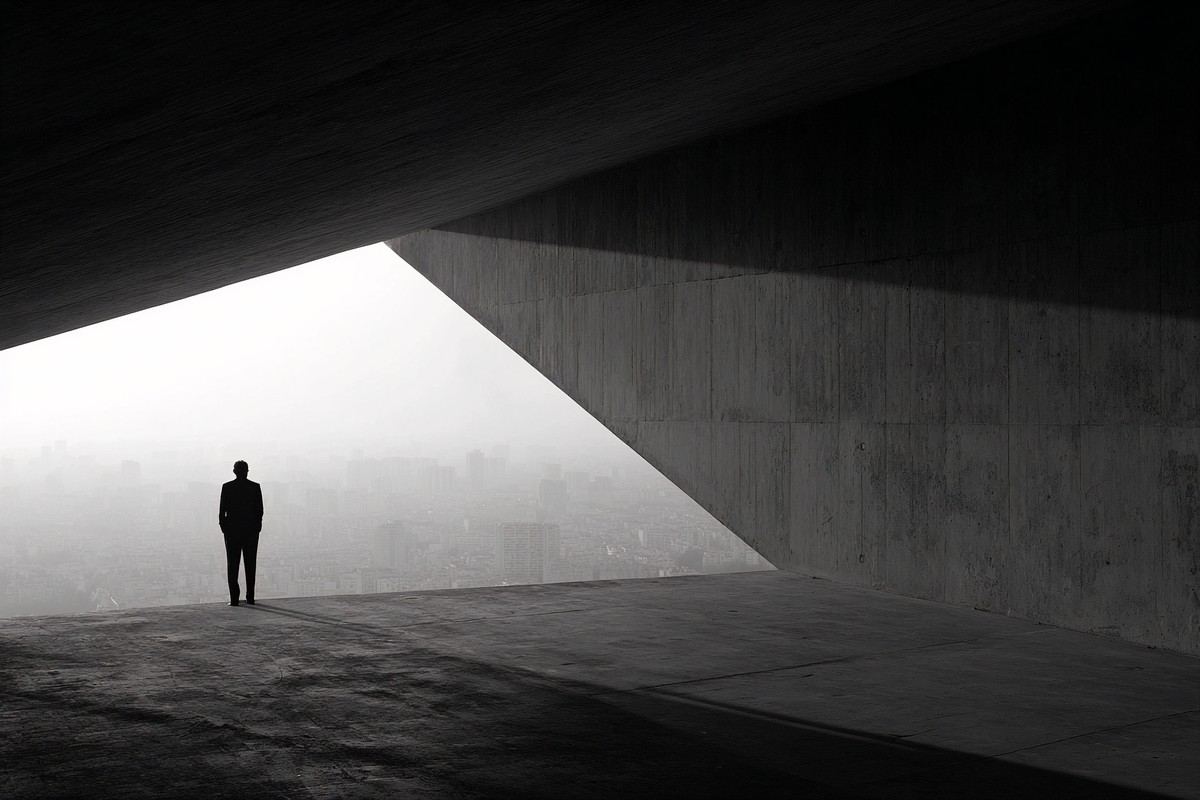 silhouettes architectural silhouette a person standing on a b — free black and white photo