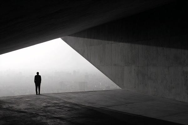 silhouettes architectural silhouette a person standing on a b — black and white photo