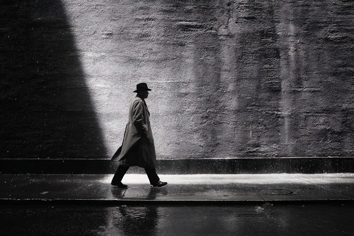 silhouettes fine art street photography a lone figure in a tr — free black and white photo