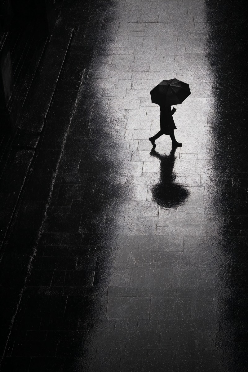 silhouettes mysterious silhouette of a person with an umbrell — free black and white photo