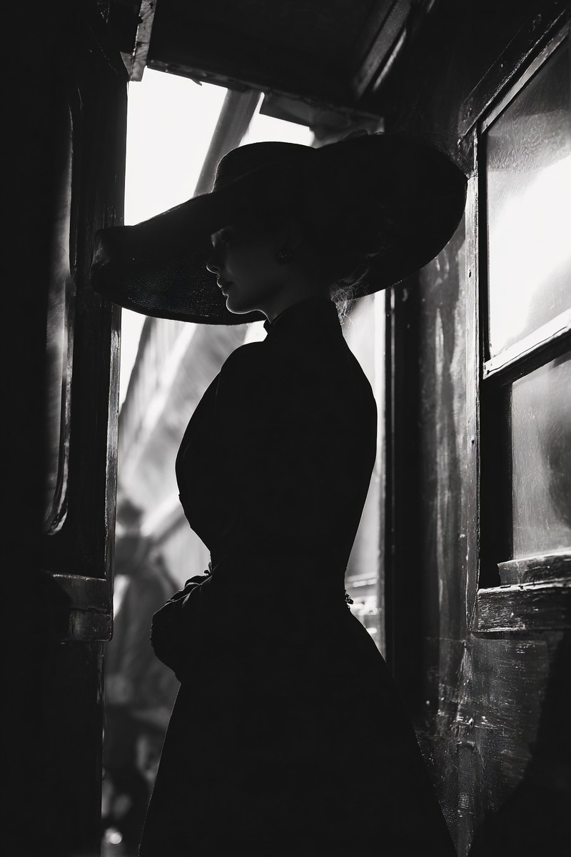 silhouettes a mysterious silhouette of a woman wearing a larg — free black and white photo