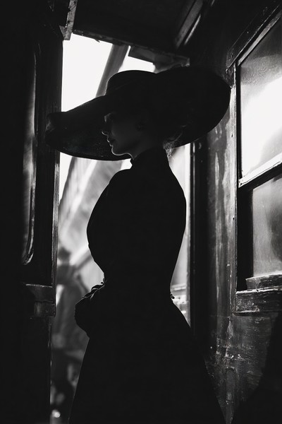 silhouettes a mysterious silhouette of a woman wearing a larg — black and white photo