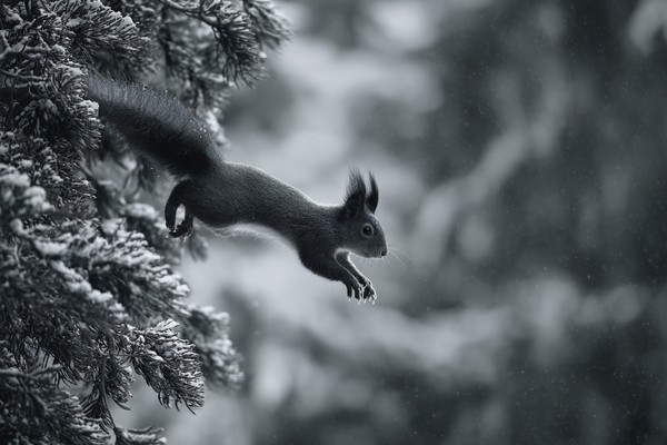 squirrel jumping between branches frozen mid air monochrome f