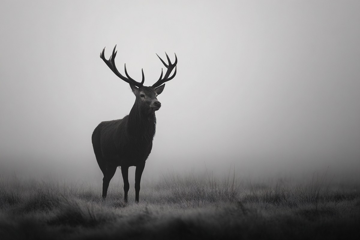 stag standing in morning fog fine art wildlife photography bl — free black and white photo