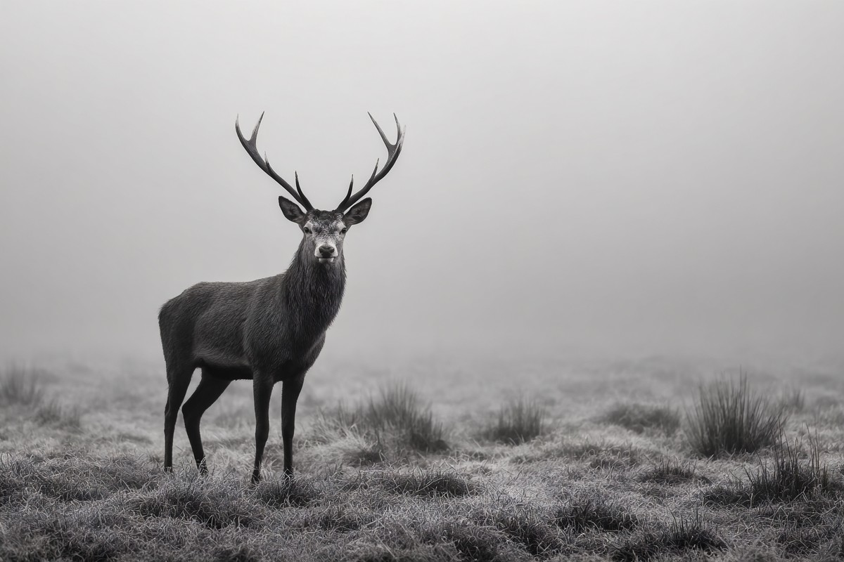 stag standing in morning fog fine art wildlife photography bl — free black and white photo