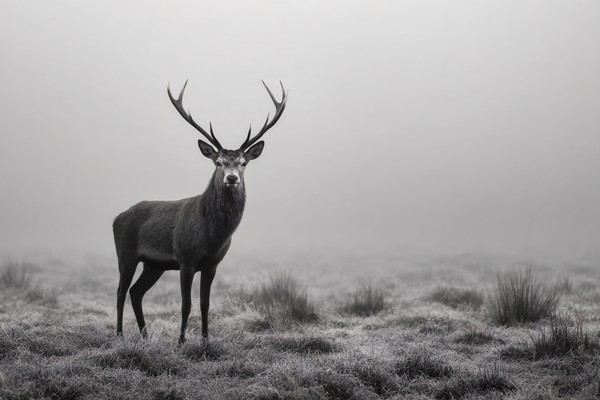 stag standing in morning fog fine art wildlife photography bl — black and white landscape photo