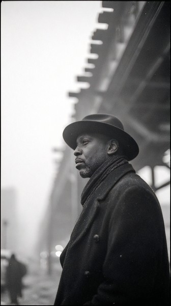 street portrait chicago winter man wearing coat and hat walki