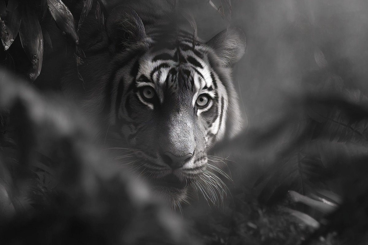 a tiger emerging from the jungle shadows sharp details mist c — free black and white photo