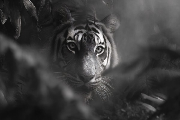 a tiger emerging from the jungle shadows sharp details mist c — black and white photo