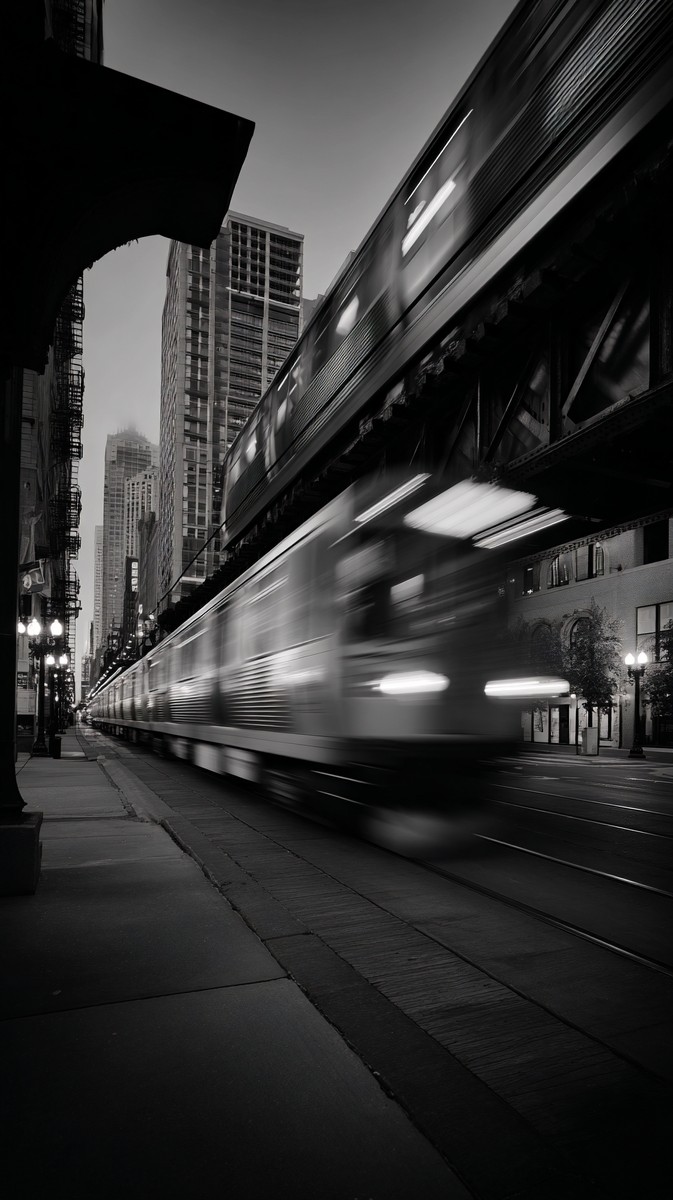 train passing over chicago loop tracks motion blur of l train — free black and white photo