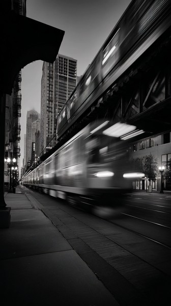 train passing over chicago loop tracks motion blur of l train — black and white city photo