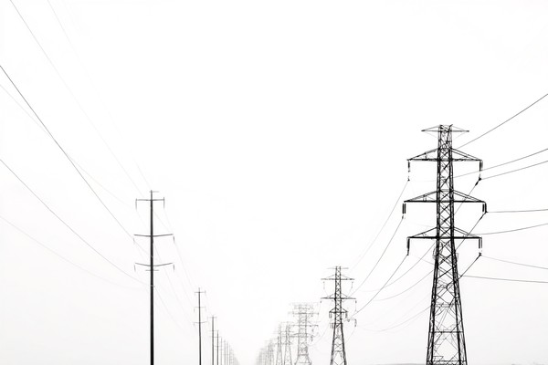 urban minimalist photograph of power lines and pylons against — black and white photo