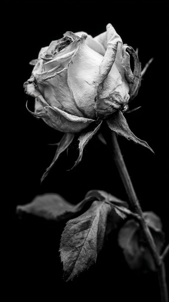 wilted rose blooming again in reverse concept of — black and white nature photo