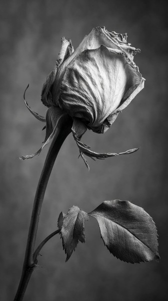 wilted rose blooming again in reverse concept of — black and white background photo