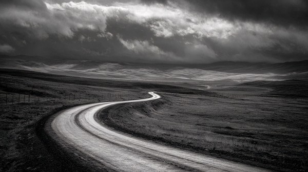 a winding road through a desolate landscape leading line comp — black and white landscape photo