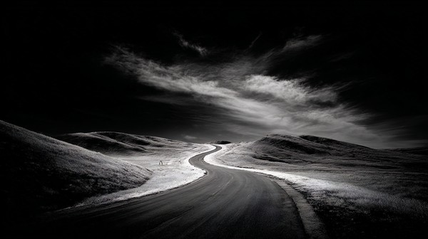 a winding road through a desolate landscape leading line comp — black and white landscape photo