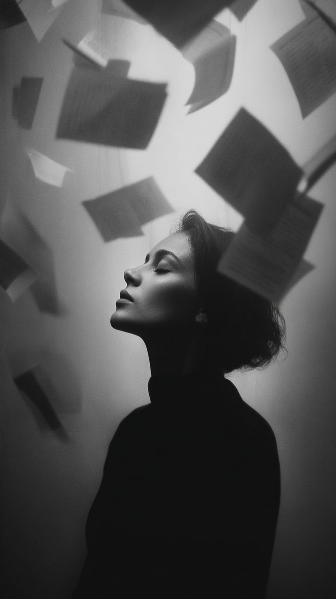 woman with floating pages around her dreamlike art — free black and white photo