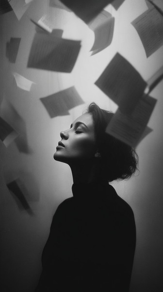 woman with floating pages around her dreamlike art — black and white photo