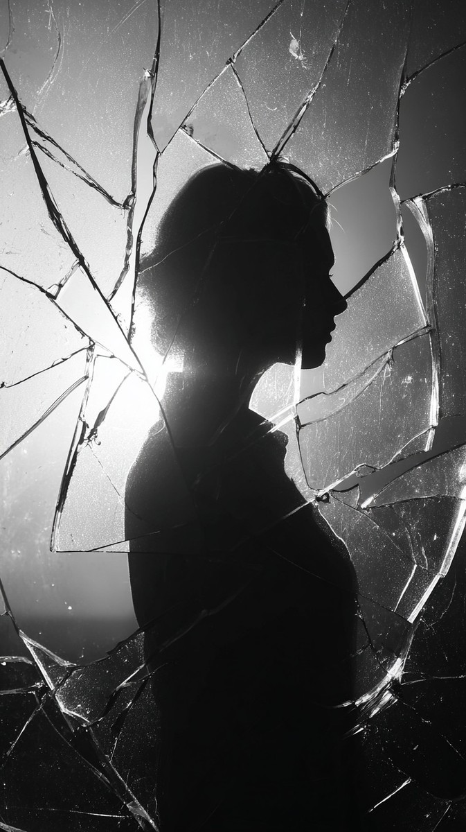 womans silhouette through cracked glass black and — free black and white photo