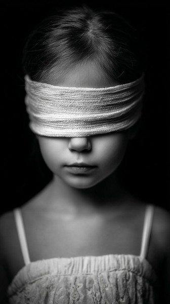 young girl with a blindfold innocence and fear — black and white background photo