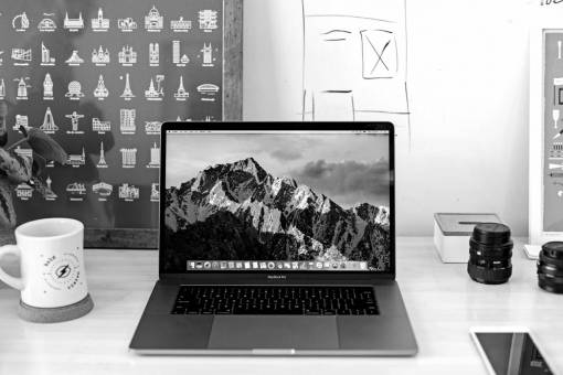 Laptop on Desk Free Stock ?Photo? -  — black and white photo