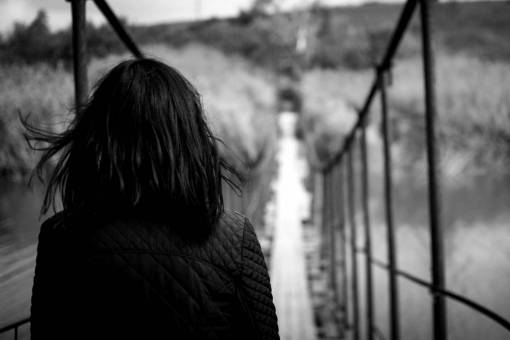 Woman on Bridge Adventure Royalty-Free Stock ?Photo? and Image — black and white photo