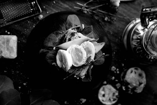 Eggs on Toasted Bread  — black and white photo