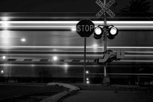Train Crossing  — black and white photo