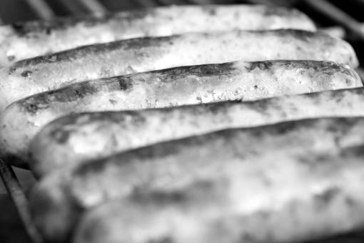 Grilled Sausages  — black and white photo